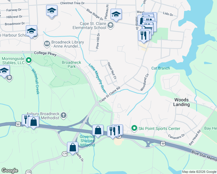 map of restaurants, bars, coffee shops, grocery stores, and more near 1382 Almond Drive in Annapolis