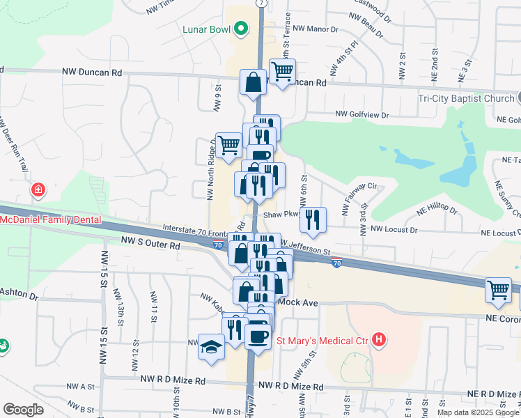 map of restaurants, bars, coffee shops, grocery stores, and more near 1119 Northwest Highway 7 in Blue Springs
