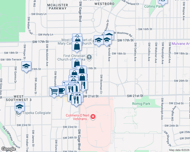 map of restaurants, bars, coffee shops, grocery stores, and more near 1948-1998 Southwest Stone Avenue in Topeka