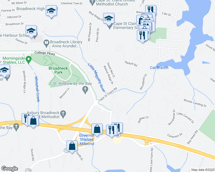 map of restaurants, bars, coffee shops, grocery stores, and more near 1382 Almond Drive in Annapolis
