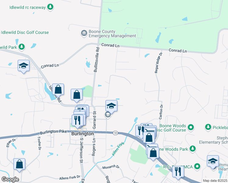 map of restaurants, bars, coffee shops, grocery stores, and more near 5844 North Orient Street in Burlington