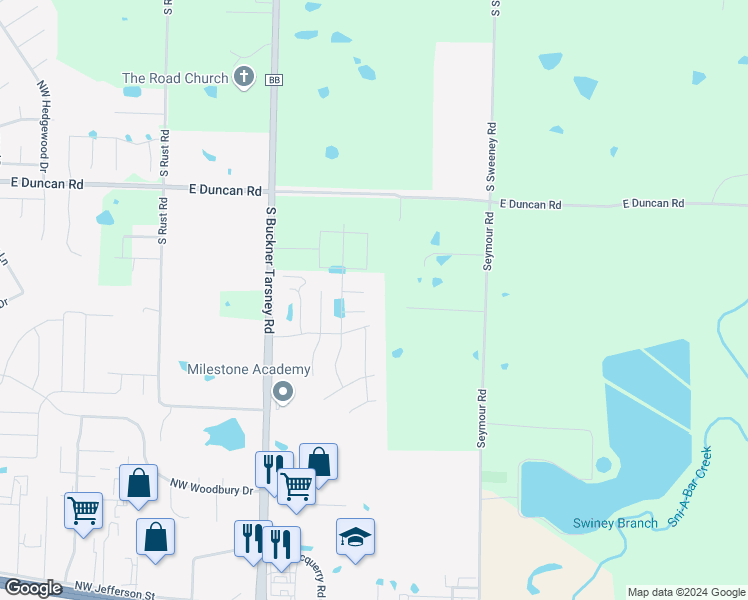 map of restaurants, bars, coffee shops, grocery stores, and more near 215 Northeast Katie Court in Grain Valley
