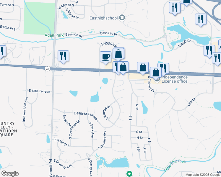 map of restaurants, bars, coffee shops, grocery stores, and more near 4724 South Shrank Drive in Independence