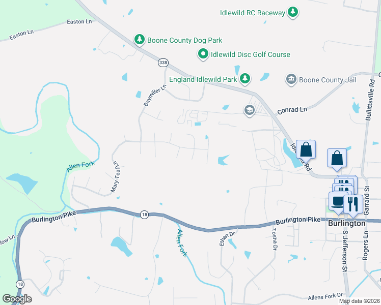 map of restaurants, bars, coffee shops, grocery stores, and more near 6438 Crofton Court in Burlington