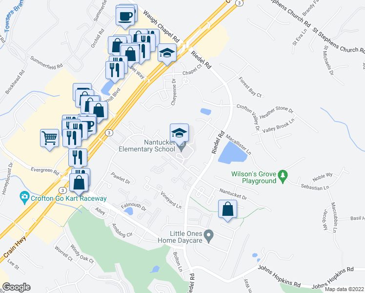 map of restaurants, bars, coffee shops, grocery stores, and more near 2350 Nantucket Drive in Crofton