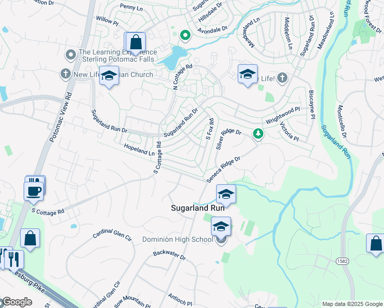 map of restaurants, bars, coffee shops, grocery stores, and more near 104 Park Hill Court in Sterling