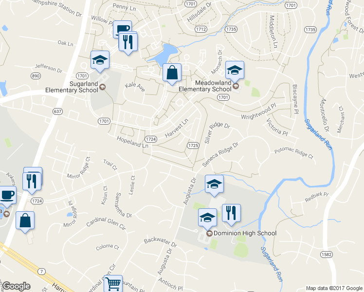 map of restaurants, bars, coffee shops, grocery stores, and more near 104 Park Hill Court in Sterling
