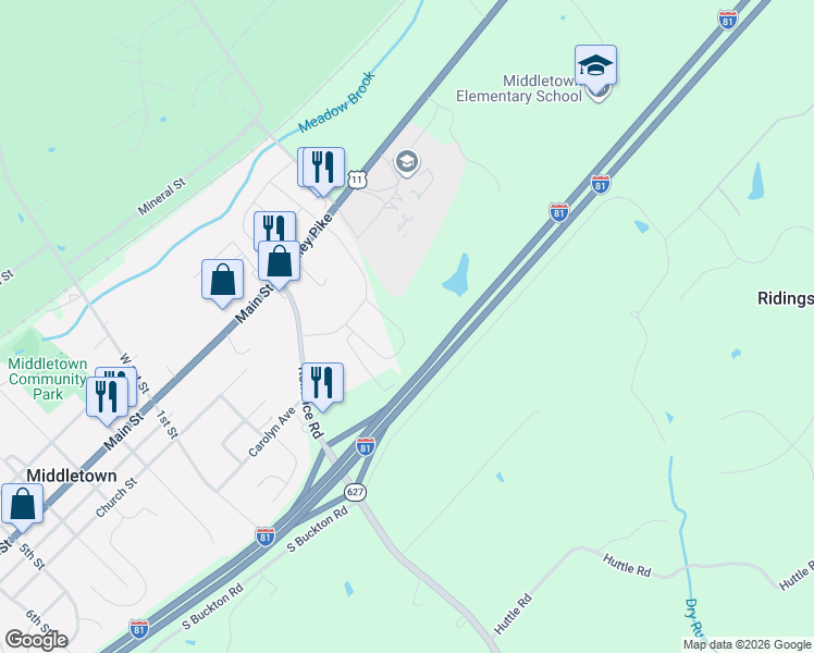 map of restaurants, bars, coffee shops, grocery stores, and more near Interstate 81 in Middletown