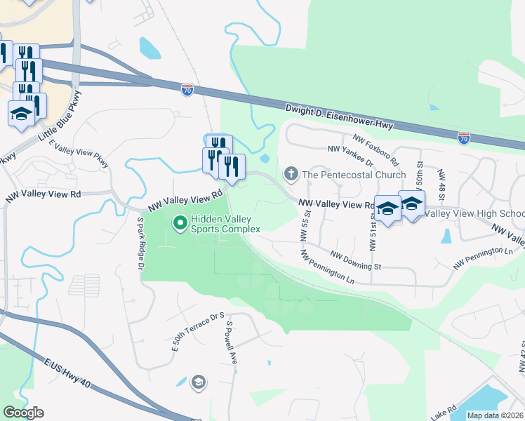 map of restaurants, bars, coffee shops, grocery stores, and more near 5520 Northwest Valley View Road in Blue Springs