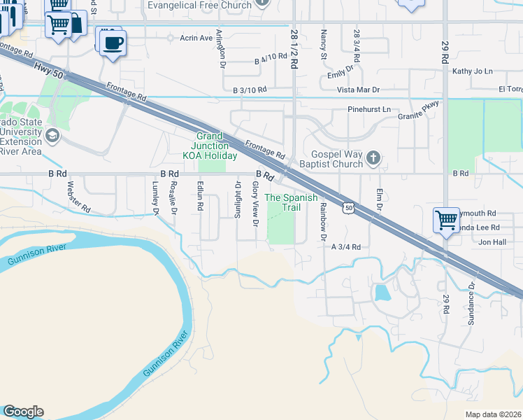 map of restaurants, bars, coffee shops, grocery stores, and more near 182 1/2 Glory View Drive in Grand Junction