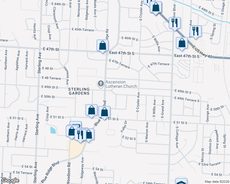 map of restaurants, bars, coffee shops, grocery stores, and more near 4941 South Woodside Avenue in Independence