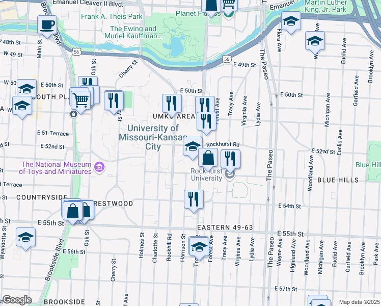 map of restaurants, bars, coffee shops, grocery stores, and more near 5235 Rockhill Road in Kansas City
