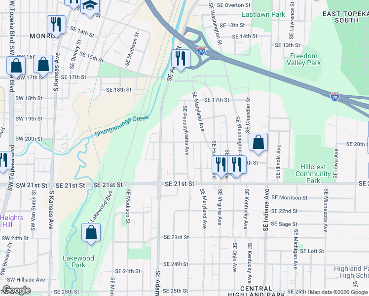 map of restaurants, bars, coffee shops, grocery stores, and more near 1924 Southeast Massachusetts Avenue in Topeka