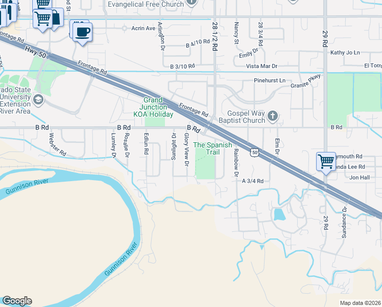 map of restaurants, bars, coffee shops, grocery stores, and more near 182 1/2 Glory View Drive in Grand Junction