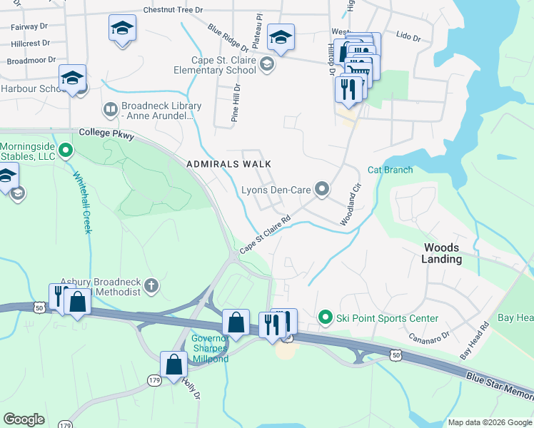 map of restaurants, bars, coffee shops, grocery stores, and more near 1388 Almond Drive in Annapolis