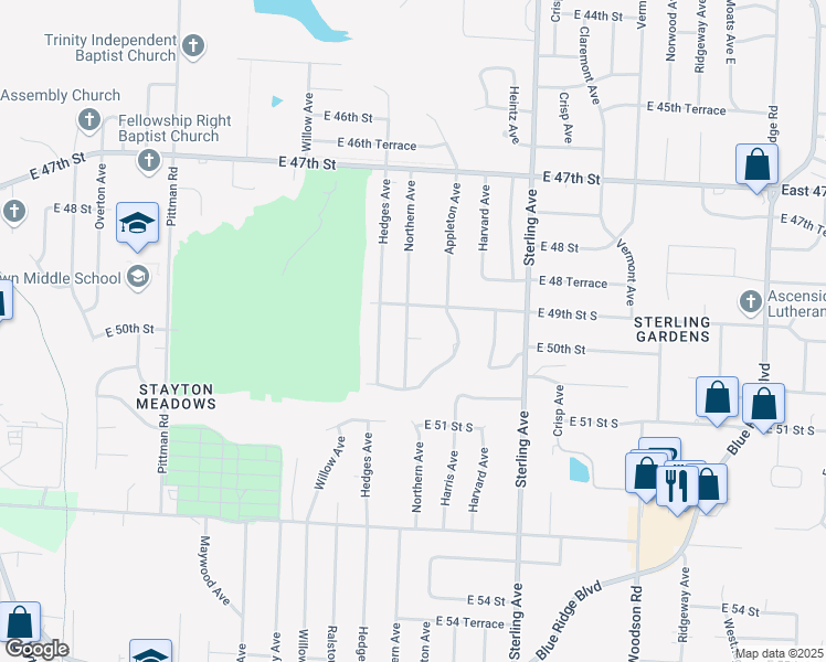 map of restaurants, bars, coffee shops, grocery stores, and more near 10800 East 50th Street in Kansas City