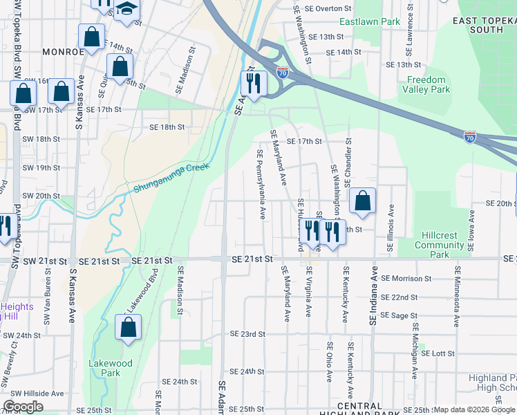 map of restaurants, bars, coffee shops, grocery stores, and more near 1924 Southeast Massachusetts Avenue in Topeka