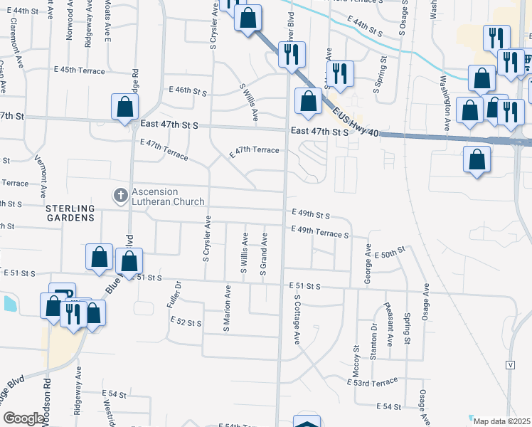 map of restaurants, bars, coffee shops, grocery stores, and more near 12617 East 48th Terrace South in Independence
