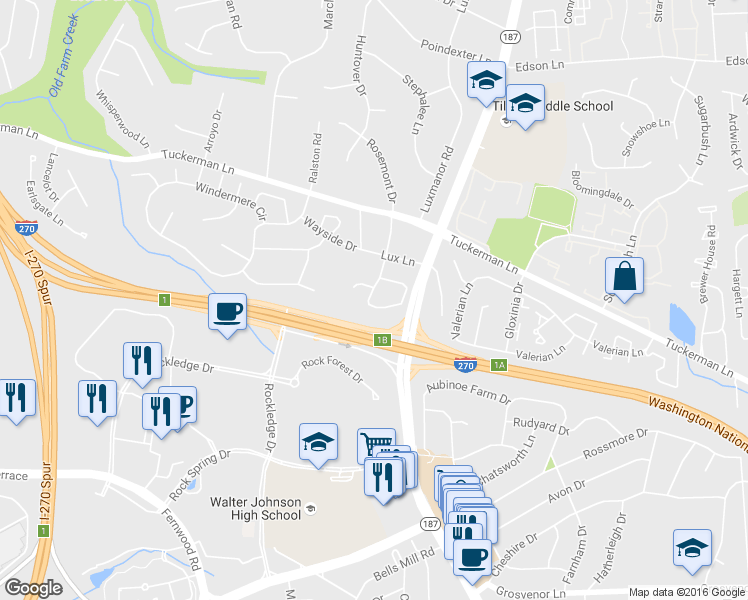 map of restaurants, bars, coffee shops, grocery stores, and more near 10801 Rosemont Drive in North Bethesda