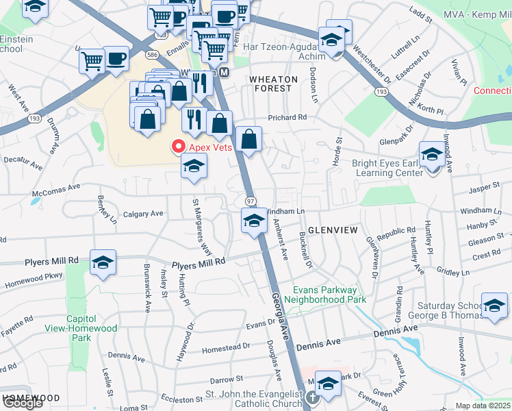 map of restaurants, bars, coffee shops, grocery stores, and more near 10803 Maryland 97 in Silver Spring