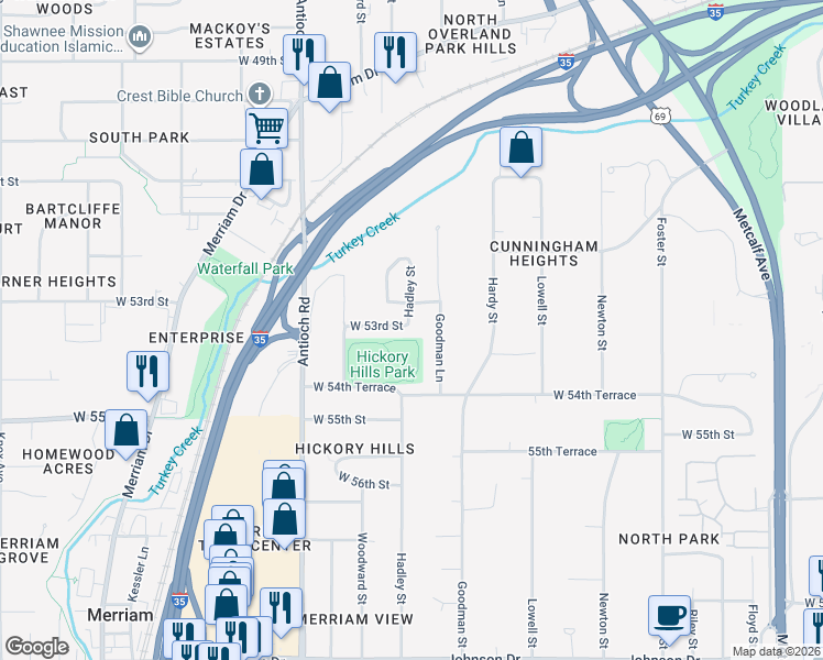map of restaurants, bars, coffee shops, grocery stores, and more near 8209 West 52nd Terrace in Mission
