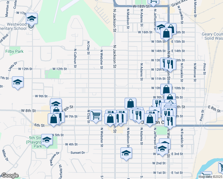 map of restaurants, bars, coffee shops, grocery stores, and more near 509 West 10th Street in Junction City