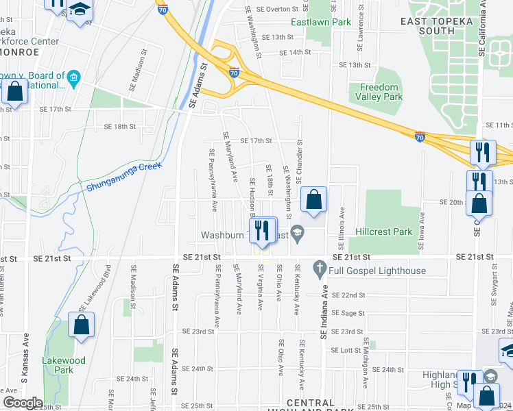 map of restaurants, bars, coffee shops, grocery stores, and more near 1904 Southeast Hudson Boulevard in Topeka