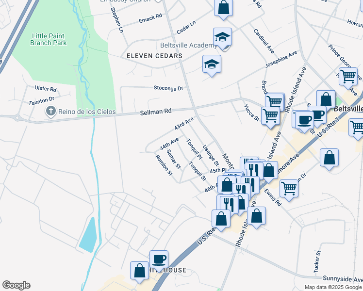 map of restaurants, bars, coffee shops, grocery stores, and more near 4406 Tonquil Street in Beltsville