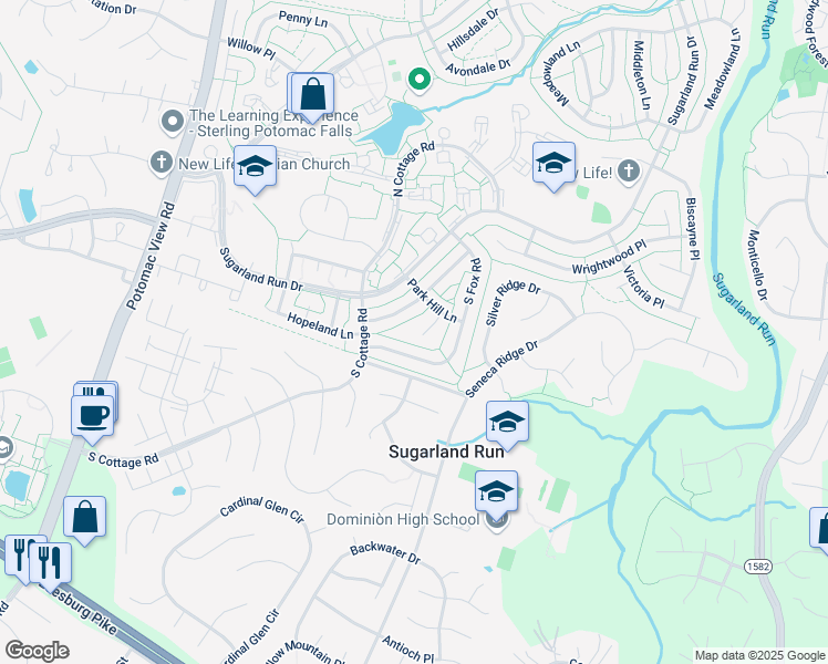 map of restaurants, bars, coffee shops, grocery stores, and more near 107 Park Hill Court in Sterling
