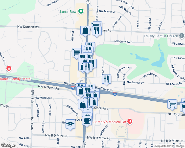 map of restaurants, bars, coffee shops, grocery stores, and more near 1200 Northwest Highway 7 in Blue Springs