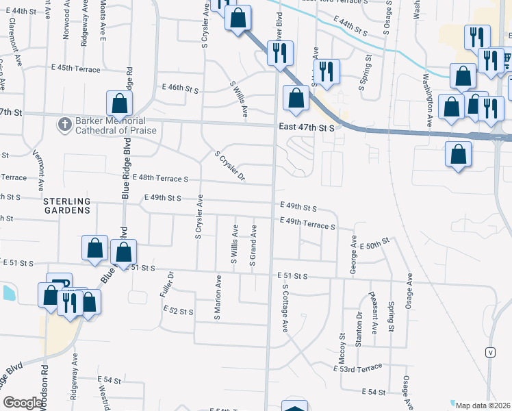 map of restaurants, bars, coffee shops, grocery stores, and more near 12617 East 48th Terrace South in Independence