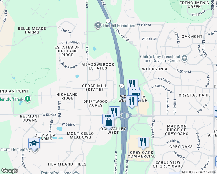 map of restaurants, bars, coffee shops, grocery stores, and more near 5303 Findley Street in Shawnee