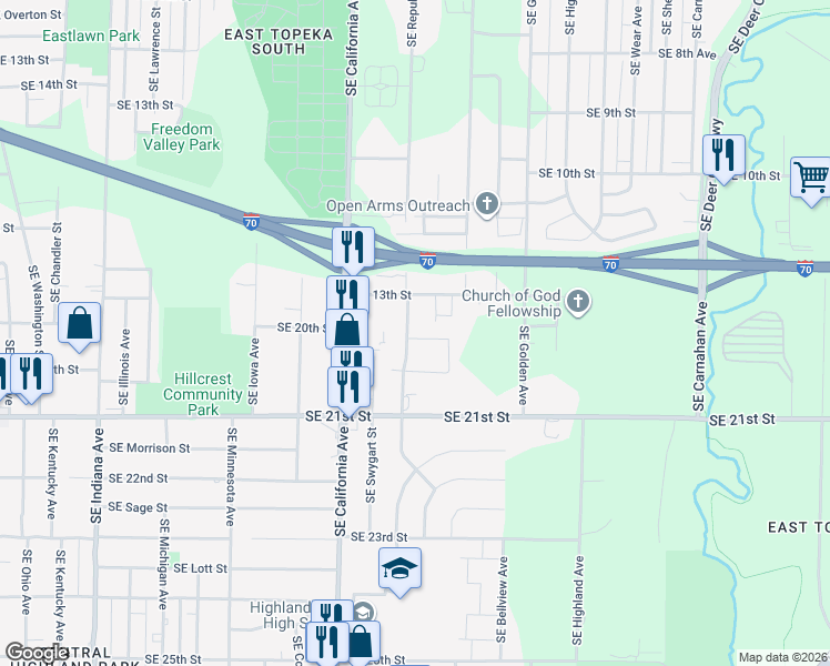 map of restaurants, bars, coffee shops, grocery stores, and more near 2011 Southeast 13th Street in Topeka