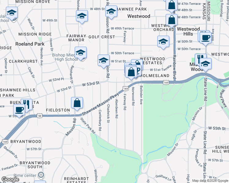 map of restaurants, bars, coffee shops, grocery stores, and more near 5300 Aberdeen Street in Fairway