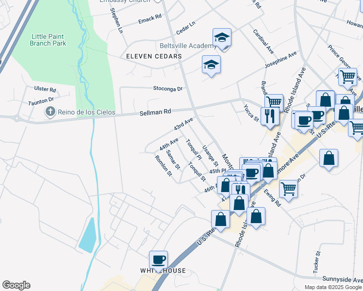 map of restaurants, bars, coffee shops, grocery stores, and more near 4406 Tonquil Street in Beltsville