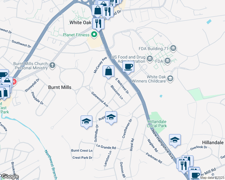 map of restaurants, bars, coffee shops, grocery stores, and more near 10802 Blossom Lane in Silver Spring