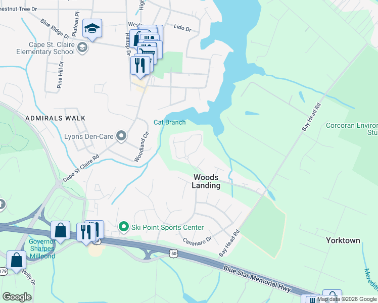 map of restaurants, bars, coffee shops, grocery stores, and more near 500 Wood Duck Lane in Annapolis