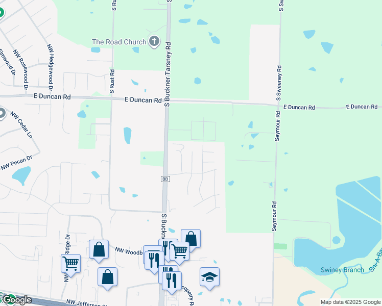 map of restaurants, bars, coffee shops, grocery stores, and more near 1528 Northeast Erin Court in Grain Valley