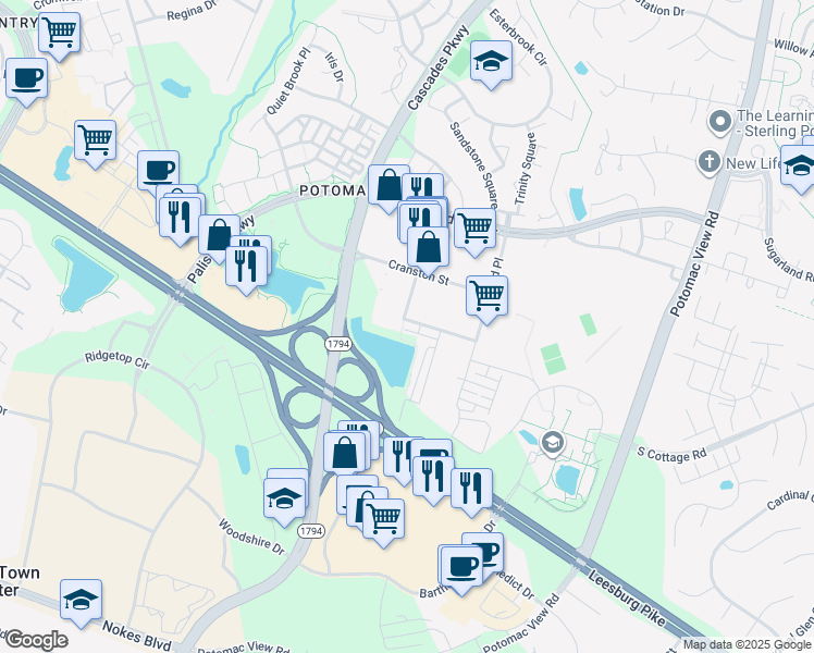 map of restaurants, bars, coffee shops, grocery stores, and more near 46303 McClellan Way in Sterling