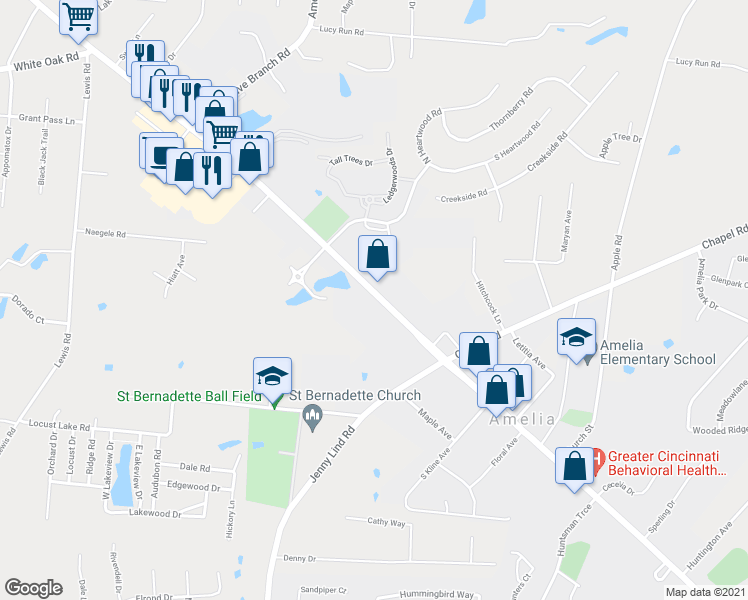 map of restaurants, bars, coffee shops, grocery stores, and more near 94 Ohio Pike in Amelia