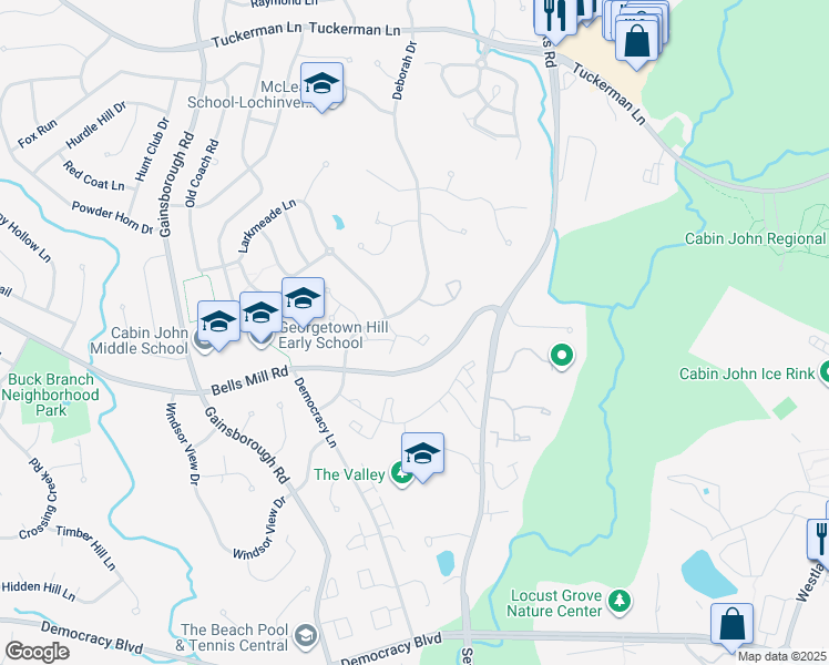 map of restaurants, bars, coffee shops, grocery stores, and more near 10857 Deborah Drive in Potomac