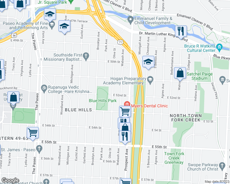 map of restaurants, bars, coffee shops, grocery stores, and more near 5135 Olive Street in Kansas City
