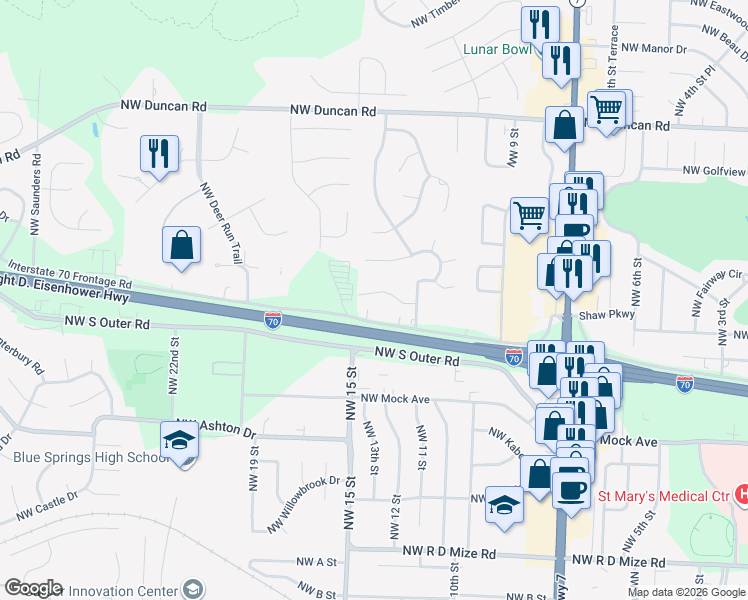 map of restaurants, bars, coffee shops, grocery stores, and more near 1312 Northwest Village Drive in Blue Springs