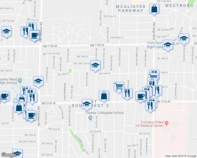map of restaurants, bars, coffee shops, grocery stores, and more near 1900 Southwest Hope Street in Topeka