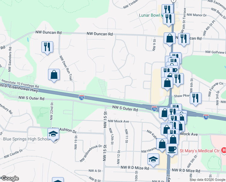 map of restaurants, bars, coffee shops, grocery stores, and more near 1308 Northwest Village Drive in Blue Springs