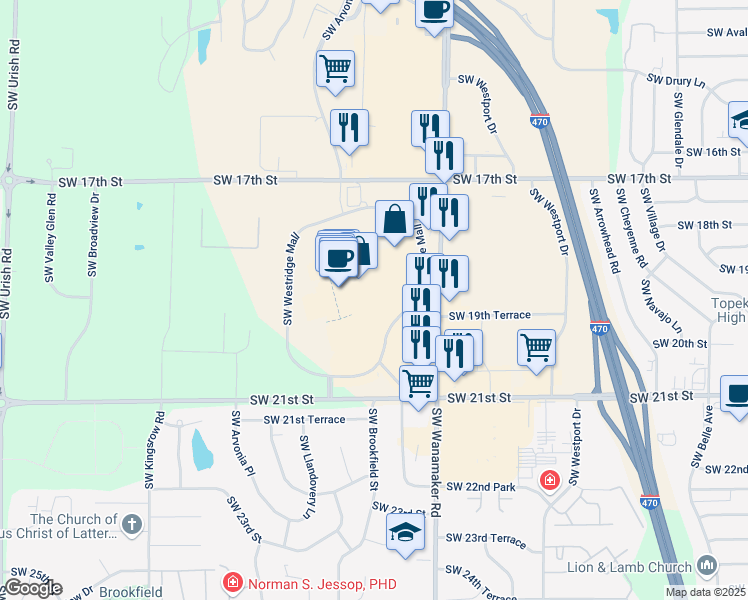 map of restaurants, bars, coffee shops, grocery stores, and more near 1821 Southwest Wanamaker Road in Topeka