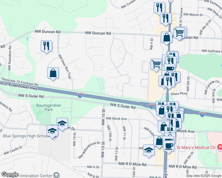 map of restaurants, bars, coffee shops, grocery stores, and more near 1312 Northwest Village Drive in Blue Springs