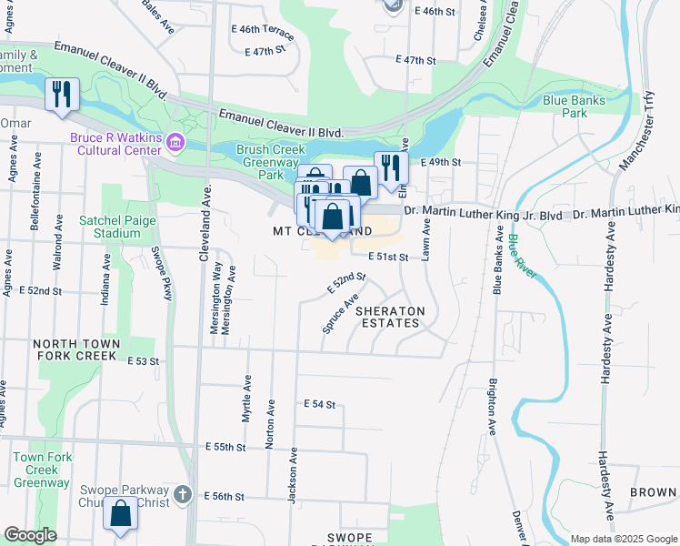 map of restaurants, bars, coffee shops, grocery stores, and more near 4209 East 51st Street in Kansas City