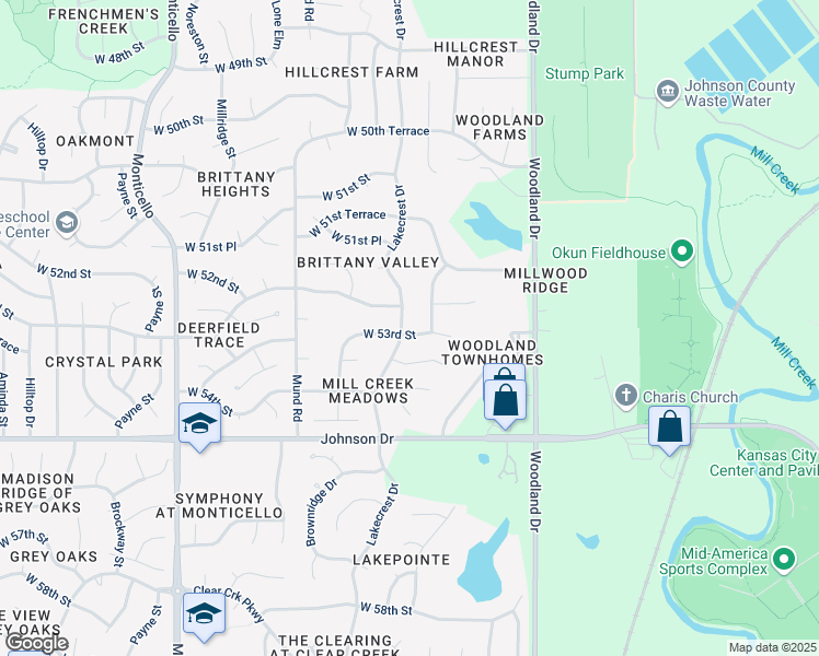map of restaurants, bars, coffee shops, grocery stores, and more near 5224 Longview Road in Shawnee