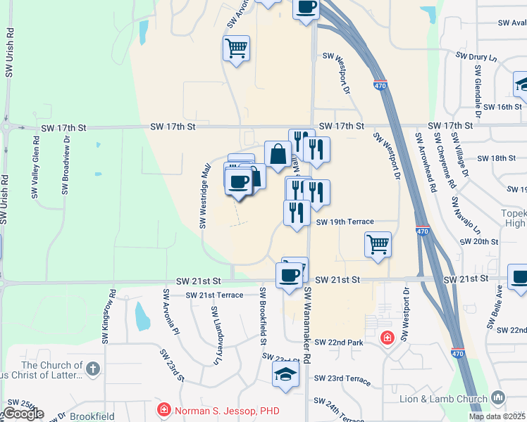 map of restaurants, bars, coffee shops, grocery stores, and more near 1821 Southwest Wanamaker Road in Topeka